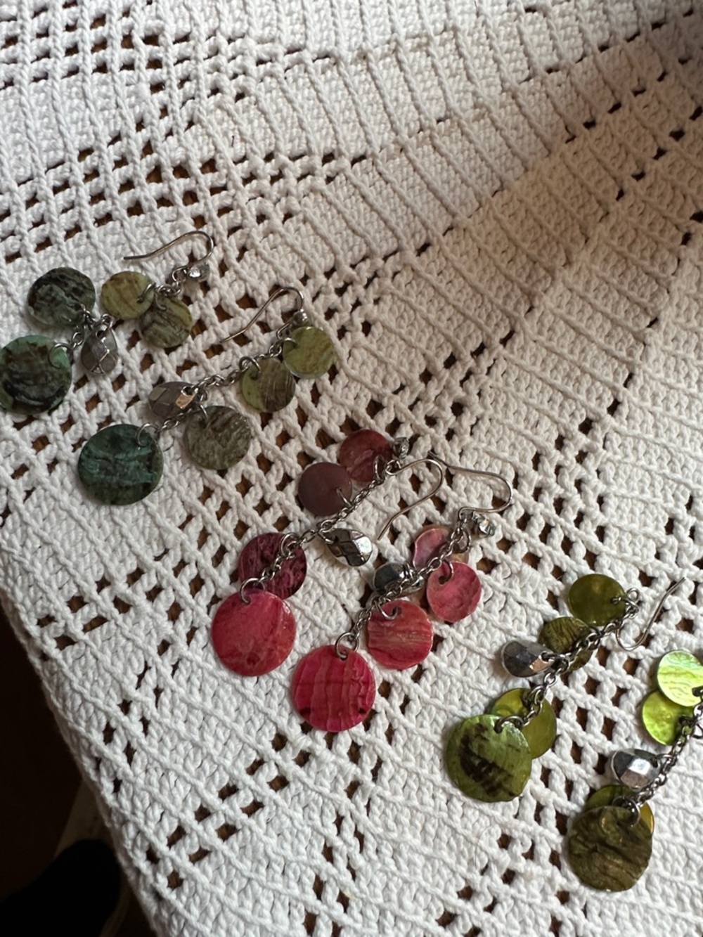 Set of 3 - Pink, Turquoise and Green Disc Dangle Earrings - Women Jewelry